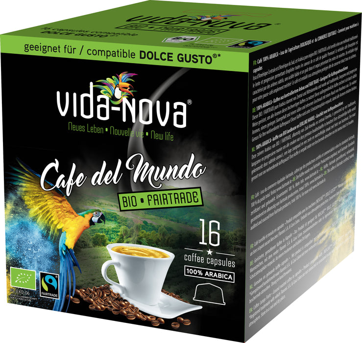 VIDA NOVA - DOLCE GUSTO®* COMPATIBLE COFFEE CAPSULES - CAFE DEL MUNDO - 100% ARABIC ORGANIC & FAIRTRADE - 16 PCS